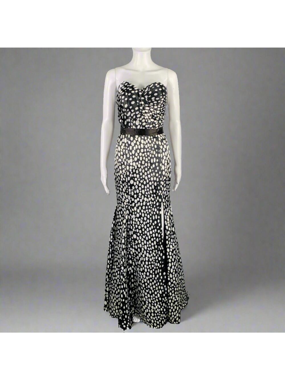 TERANI Size 6 Black White Viscose Blend Polka Dot Strapless Mermaid Gown